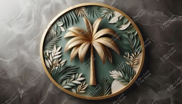 Image depicting a prominent golden palm tree within a circular frame, surrounded by detailed green foliage and botanical engravings. The background is a dark gray marble surface, accentuating the intricate and creative decorative design.