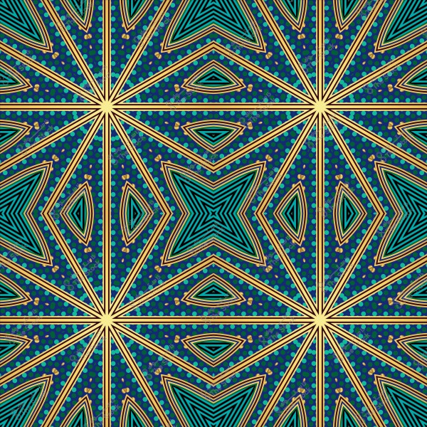 نقش هندسي بأشكال نجمية ومعينية متعددة الألوان بنمط متكرر يشبه الفنون الزخرفية الإسلامية.