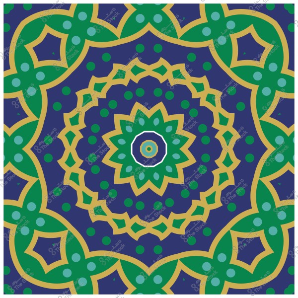 Ornamental geometric design with green, blue, and gold colors in a circular pattern.
