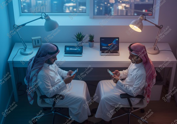 The image shows two men seated on office chairs in front of a desk with two laptops. They are wearing traditional Saudi attire, white thobes and red checked ghutras. The desk features desk lamps and small plants. The window in the background reveals a cityscape lit at night. The laptop screens display financial or tech application interfaces.