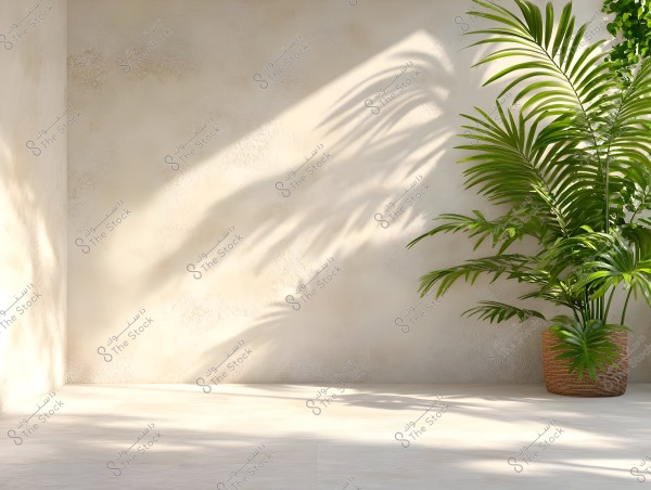 The image shows a tall green plant in a wicker pot, placed in the corner of a room. The wall behind the plant is a light beige color, with the shadows of the plant\'s leaves cast upon it by natural light. The floor is light-colored, conveying a sense of cleanliness and calm.