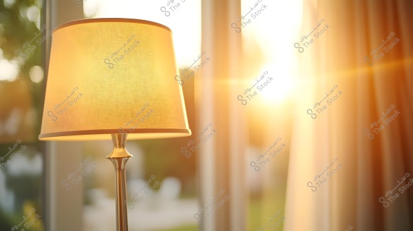 A classic table lamp with a fabric shade is shown in an image illuminated by warm sunlight coming through an open window in the background. The lighting and sunshine add a sense of warmth and coziness to the setting.