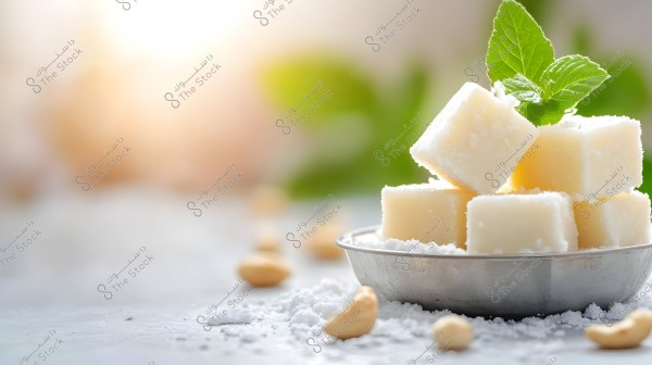 White cubes of shea butter in a metal bowl, placed on a table. The cubes are dusted with white powder and topped with a green mint leaf. The background is softly blurred with warm, indistinct hues.