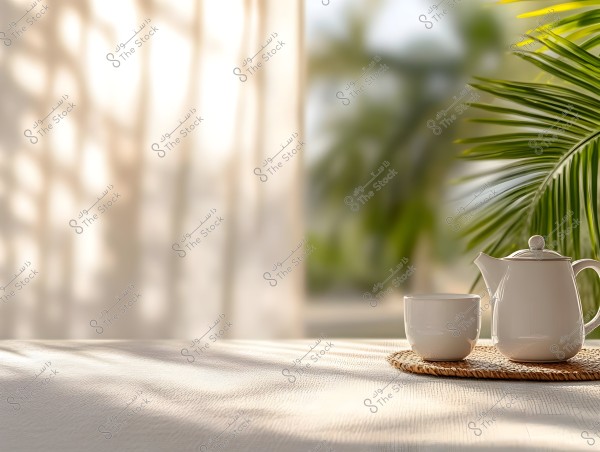 An image showing a white teapot and cup placed on a bamboo mat on a table covered with a white cloth. In the background, there are soft shadows and palm trees visible through a window, creating a calm and relaxing atmosphere.