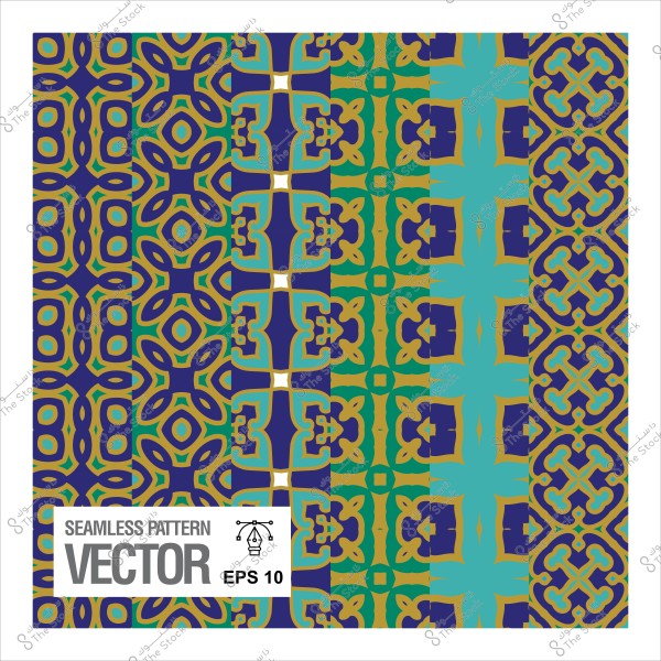 نمط هندسي متكرر بألوان متعددة تتضمن الأزرق والأخضر والذهبي, مع تفاصيل معقدة ومتناسقة.