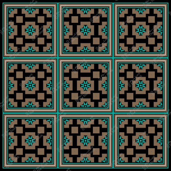 نمط هندسي عربي تقليدي بألوان الأسود والبني والأزرق الفيروزي مكرر في شكل بلاطات.