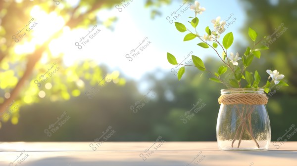 A glass jar containing small white flowers and green leaves placed on a wooden surface. The blurred background reveals bright sunlight and green trees, creating a serene and natural atmosphere.