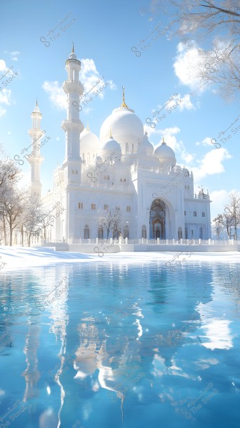 Image of a stunning mosque with white domes and large minarets reflecting traditional Islamic architecture. The scene features a serene lake in front of the mosque that clearly reflects its image in the water. The atmosphere is sunny and clear with trees in the background and a few clouds in the sky.
