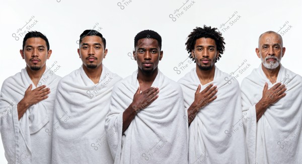 The image shows five men standing side by side, each wearing a white ihram. The men have their right hands placed over their chests. The background is white, emphasizing the focus on the individuals.