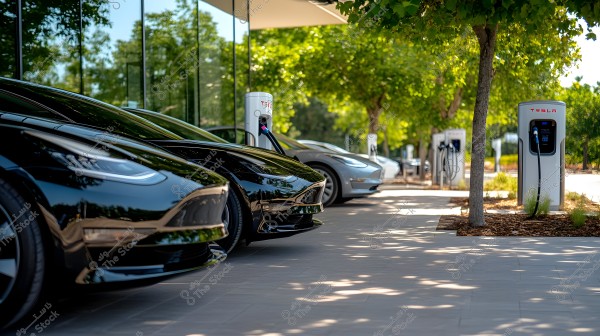 The image shows a row of Tesla electric cars parked next to Tesla charging stations under the shade of green trees. The cars have dark colors and modern designs, parked in a line on the pavement, with reflections of the trees visible in the glass windows of a building on the left side.