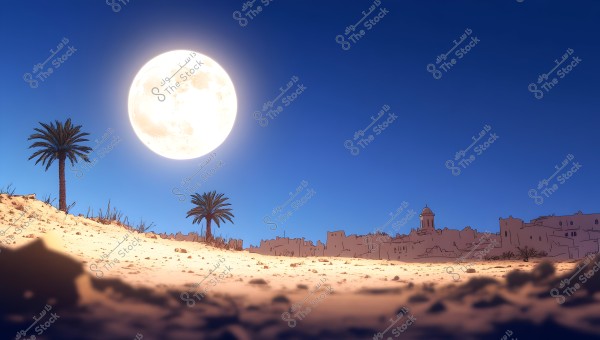 A nighttime desert scene with a bright full moon in a deep blue sky. Palm trees and a round tower atop a building can be seen on the horizon, amidst a cluster of traditional buildings. The foreground sand is illuminated by moonlight.