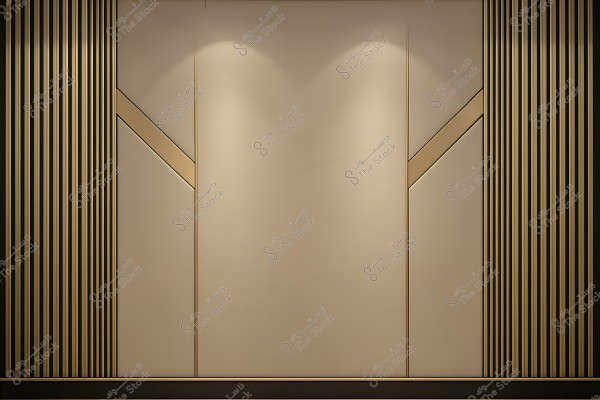 A modern wall adorned with vertical dark wood lines and gold accents. The design features integrated lighting that creates a dramatic effect on the wall. The contrast between textures and colors adds a touch of elegance and modernity.