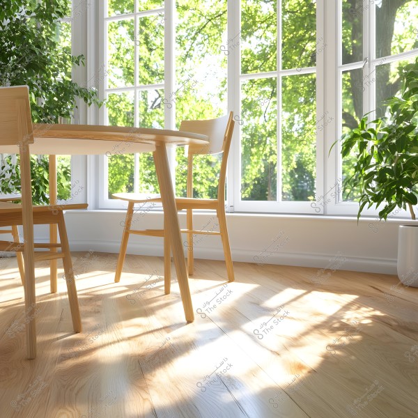 A bright living room with light wooden tables and chairs near a large window overlooking a view of green trees. The floor is wooden with sunlight streaming across it, and there is a green plant in the corner of the room.