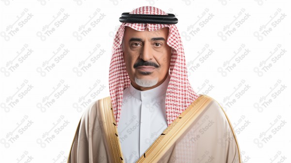 رجل كبير في السن بلحية بيضاء سعودي ويلبس المشلح مع خلفية بيضاء بواسطة الذكاء الاصطناعي