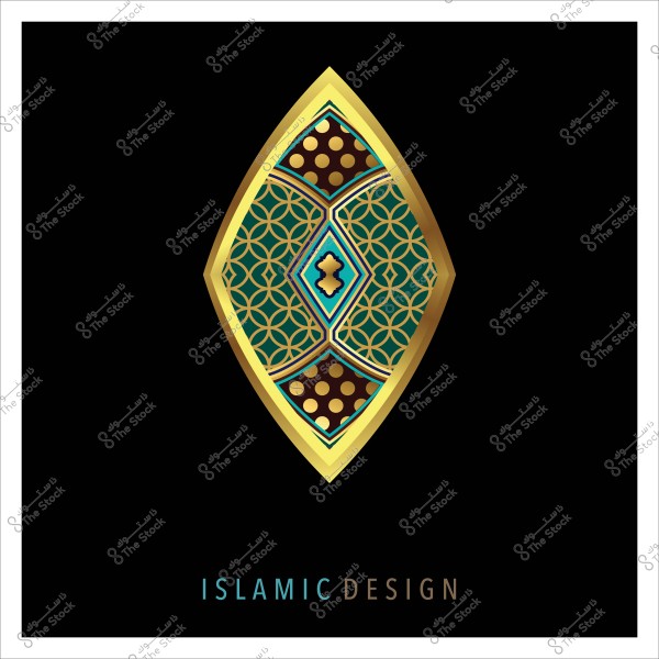 تصميم إسلامي هندسي مزخرف بألوان ذهبية وزرقاء على خلفية سوداء