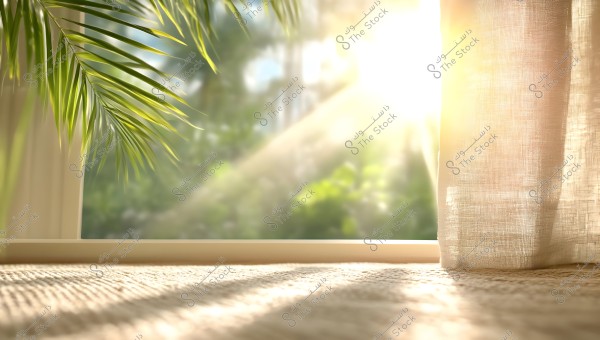 Sunlight pouring into a room through a window, illuminating sheer curtains and green plant leaves. The golden light and soft green background convey a sense of tranquility and peace.
