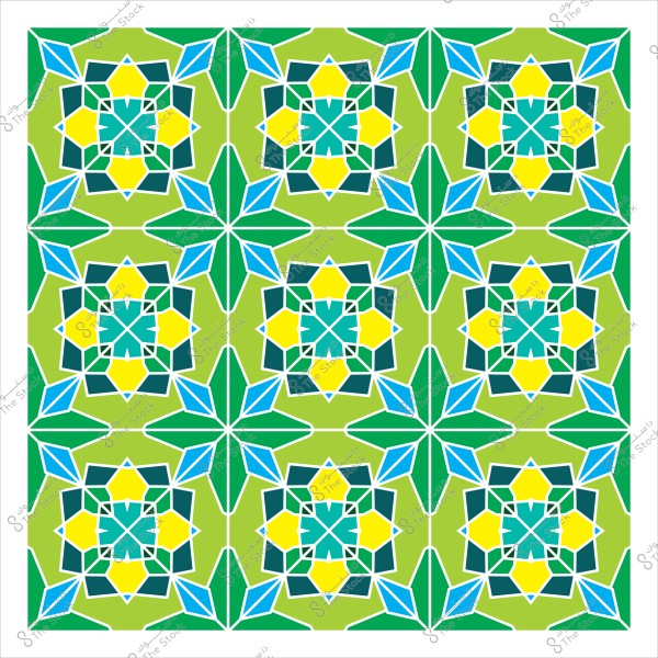 تصميم هندسي إسلامي متكرر يعرض أنماطاً بالألوان الخضراء والزرقاء والصفراء, مرتبطة ببعضها في شكل نجمي مع خلفية خضراء فاتحة.

-
