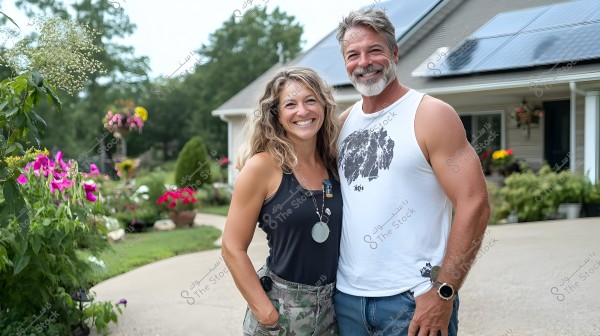 A man and a woman smiling and posing for a photo in front of a house with solar panels on the roof. The man is wearing a sleeveless white shirt and a watch on his wrist, while the woman is wearing a black tank top and camouflage pants. There is a blooming garden in the background.