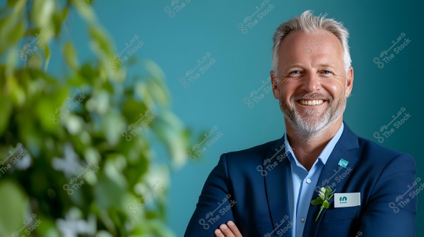 A portrait of a smiling man with a white beard and grey hair wearing a blue suit and a white shirt. He is standing with his arms crossed next to an out-of-focus green plant in the foreground. The background is light blue, giving a professional and friendly atmosphere.
