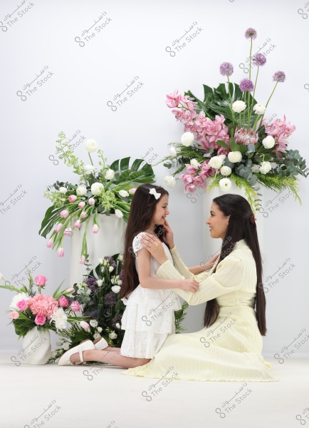 Image of a woman in a light-colored long dress sitting in front of a young girl wearing a layered white dress. They are surrounded by beautiful floral arrangements featuring pink, purple, and white flowers with large vibrant green leaves. The woman is smiling warmly at the girl in a tender moment.