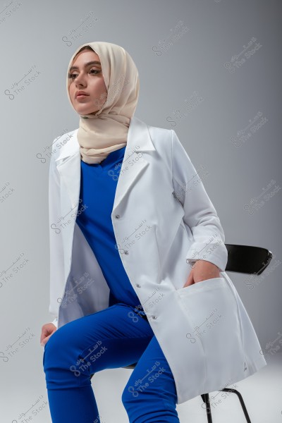 Image of a woman wearing a beige hijab and medical attire consisting of a blue outfit and a white coat, seated on a chair. She appears confident, looking forward. The background is simple and neutral in color.
