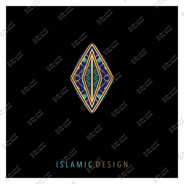 تصميم إسلامي بزخرفة هندسية متداخلة بألوان ذهبية وزرقاء وخضراء على خلفية سوداء.