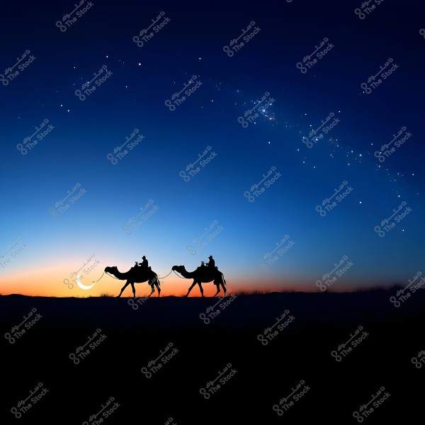 An image of two camels led by two people walking in the desert at sunset. The first camel is in the foreground with a crescent moon on the horizon, while the second camel follows. The sky is dark blue with twinkling stars, creating a serene and beautiful scene.