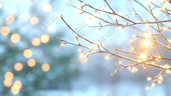 Thin tree branches covered in frost are featured prominently in the foreground, with warm soft lights twinkling on them. The background is blurred with soft bokeh lights, creating a serene winter scene.