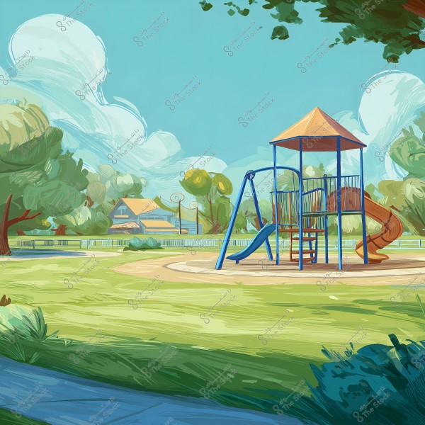 The image shows an illustrated depiction of a park featuring a playground set with a slide, stairs, and a bridge, topped by a covered canopy, amidst a green space with trees in the background. In the distance, there is a building with an orange roof and bushes surrounding the area. The sky is clear with light white clouds.