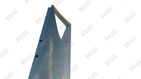 The image features the Kingdom Centre building in Riyadh, Saudi Arabia. The building has a unique architectural design with a large opening at the top and a glass facade reflecting the sky.