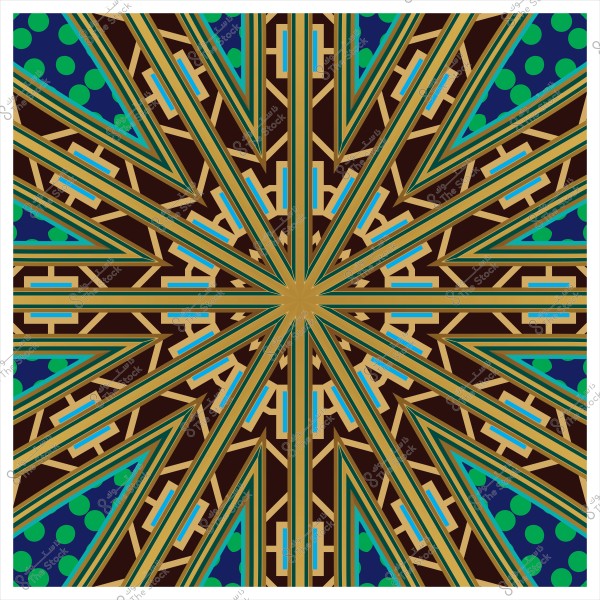 نمط هندسي إسلامي يتكون من خطوط ذهبية وأشكال متعددة الألوان باللونين الأزرق والأخضر.