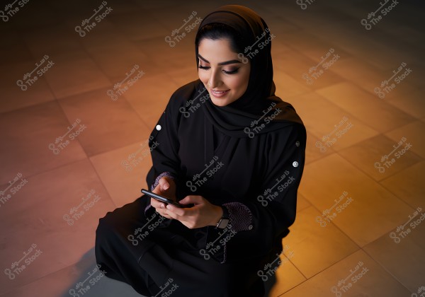 Portrait of a woman wearing a black abaya and headscarf, sitting on the floor and holding a phone in her hands. The lighting is warm, casting golden hues on the background. Her appearance suggests she is from the Middle East.
