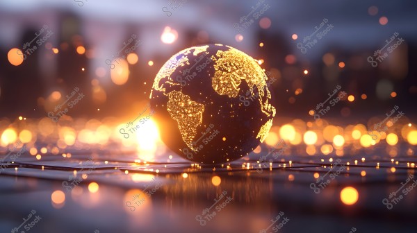 An image depicting a globe illuminated in gold hues, surrounded by bokeh lights that appear sparkling around it. The background is blurred, creating a magical and fluid impression with the lighting.