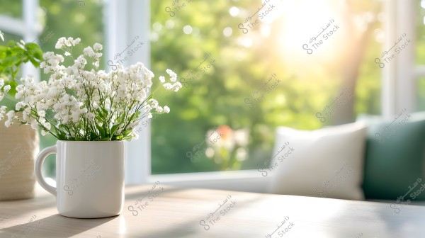 A white mug containing small white flowers placed on a wooden table near a window. Sunlight is streaming in through the window, illuminating the room, with a blurred background of green plants and pillows.
