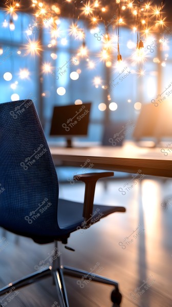 Image of a modern office featuring a blue office chair and a wooden desk. The lighting in the room is warm with small hanging lightbulbs above, creating a cozy atmosphere. In the background, the blurred outlines of large windows are visible with sunlight streaming through, adding a touch of elegance and warmth.