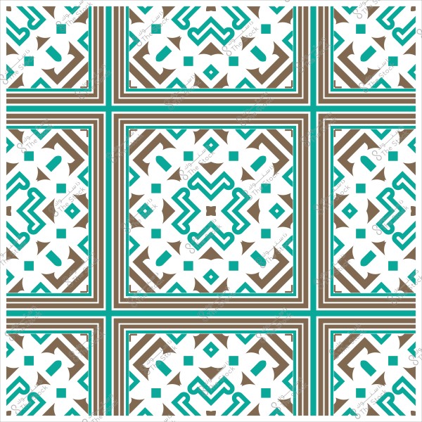 Islamic ornamental design with symmetrical geometric details in blue and brown colors.