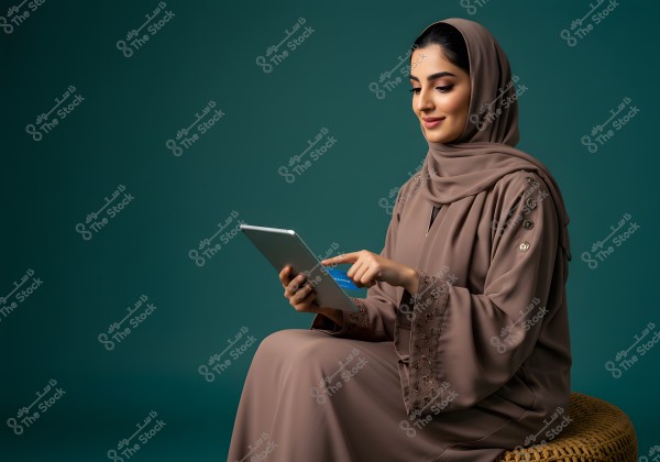 A portrait of a woman wearing a brown abaya and a matching hijab, seated on a stool, using a tablet. She appears to be smiling in a calm demeanor against a dark green background. The clothing suggests traditional styles from some Arab countries.