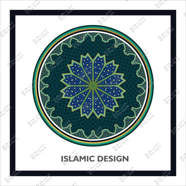 نمط إسلامي دائري مزخرف بألوان زرقاء وخضراء, مع تفاصيل هندسية متقنة.