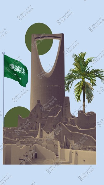 صورة مركبة تحتوي على علم المملكة العربية السعودية يرفرف فوق سارية, في الخلفية يظهر برج المملكة بتصميمه المميز, وإلى جانبه نخلة عالية. في الأسفل معالم من العمارة التقليدية السعودية تبدو بلون بني مميز على خلفية زرقاء فاتحة.