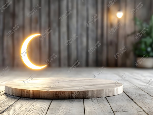 An indoor scene featuring a circular wooden platform placed on a light-colored wooden floor. In the background, there is a wooden wall with a softly lit lamp. A glowing golden crescent is in front of the wall, and some blurred green plants are visible in the right back corner.