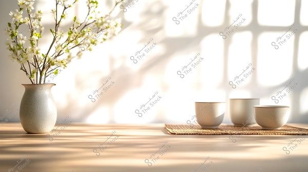 A white vase with white flowers and several small white cups placed on a bamboo mat on a wooden table. Shadows are clearly visible on the back wall from the sunlight.