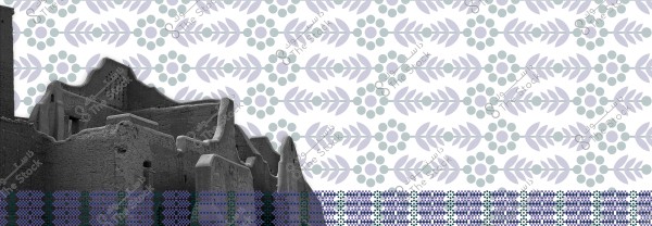 An image of a traditional mud-brick facade reflecting Saudi traditional architecture, set against a background with geometric patterns and botanical motifs. The structure appears somewhat weathered, indicating its age and authenticity.