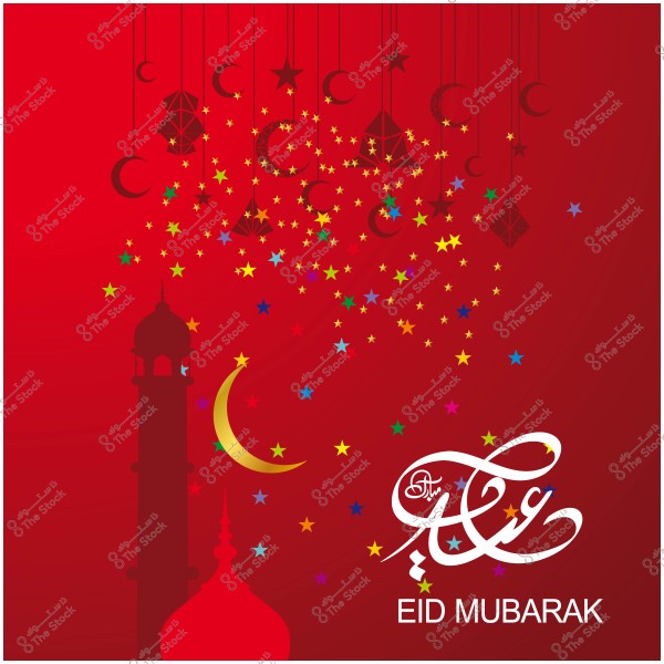 تصميم عيد مبارك مع زخارف نجوم وهلال وأبراج مسجد على خلفية حمراء.