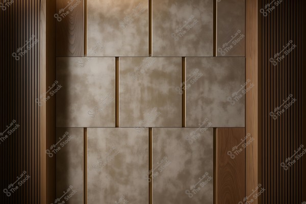 Interior design of a wall covered with wooden panels featuring faded dark beige squares. The wall includes a raised wooden section on the right and left with a vertical slat design. The design appears sleek and modern.
