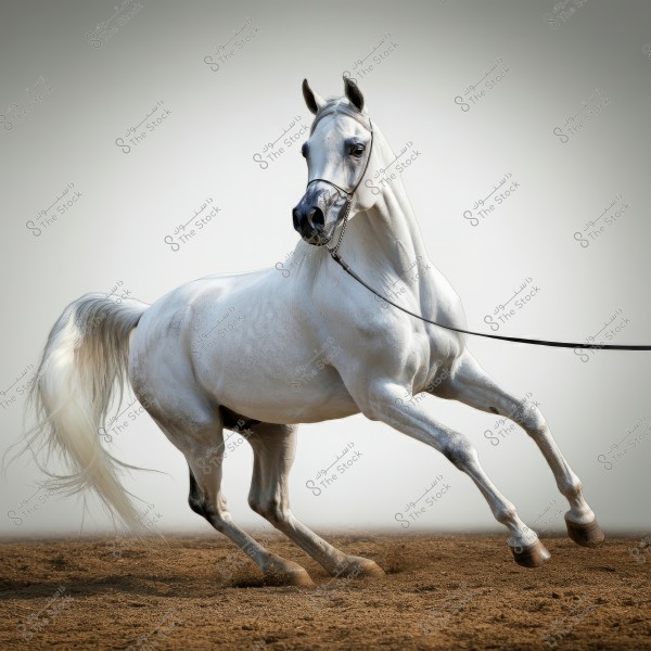The image shows a beautiful white Arabian horse gracefully moving on a sandy ground. The horse has a shiny coat and well-defined muscles, and its movement appears smooth and energetic. The lead rope is slightly taut as the horse moves.