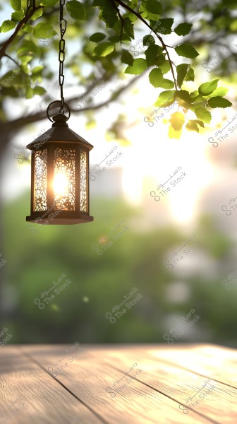An intricately designed metal lantern hangs from a tree branch by a chain, with bright sunlight shining around the lantern. The blurred background shows vibrant green leaves amidst a serene natural setting.