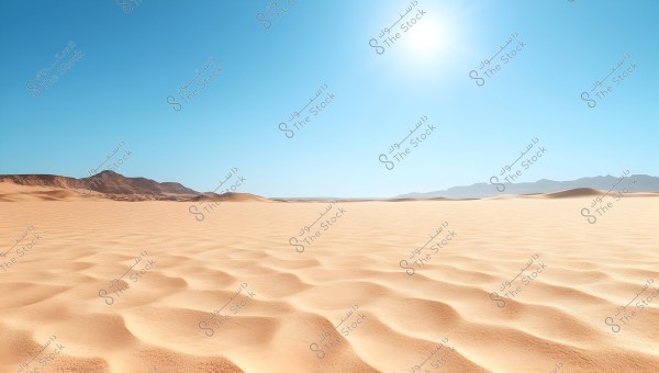 A landscape view of a vast desert under a clear blue sky with the sun shining brightly in the horizon. The sand features gentle waves and dunes spreading out until reaching mountains in the distance.