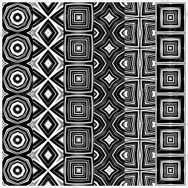 تصميمات هندسية بالأبيض والأسود مع أنماط متكررة بأشكال مستطيلة ومربعة وثمانية الأضلاع.