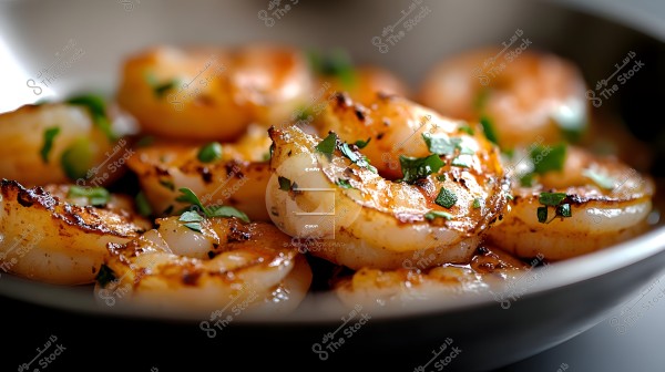 A close-up image of a dish containing pieces of grilled shrimp. The shrimp is well-cooked with a caramelized surface and garnished with fresh chopped parsley. The dish showcases light and dark tones that enhance its appetizing appearance.