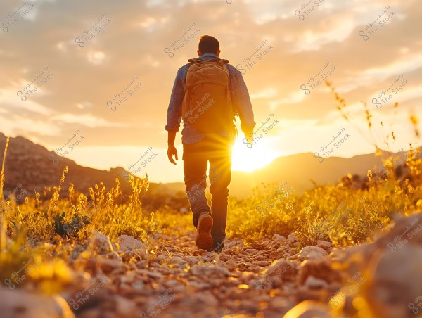 A man walking on a nature trail during sunset. The man is wearing a backpack, a long-sleeved shirt, and pants, walking alongside grasses and wildflowers. In the background are low hills, and the sun is setting on the horizon, casting a golden light over the scene.